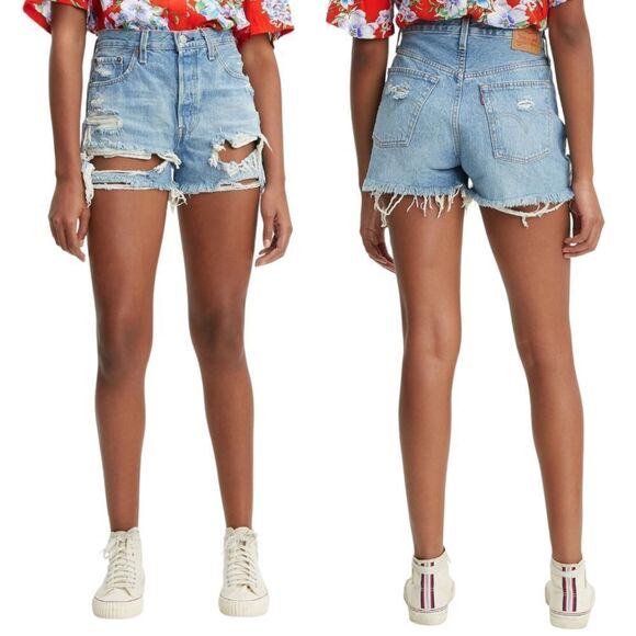 LEVI'S 501® High Waist Ripped Cutoff Denim Shorts 28 - Picture 1 of 12